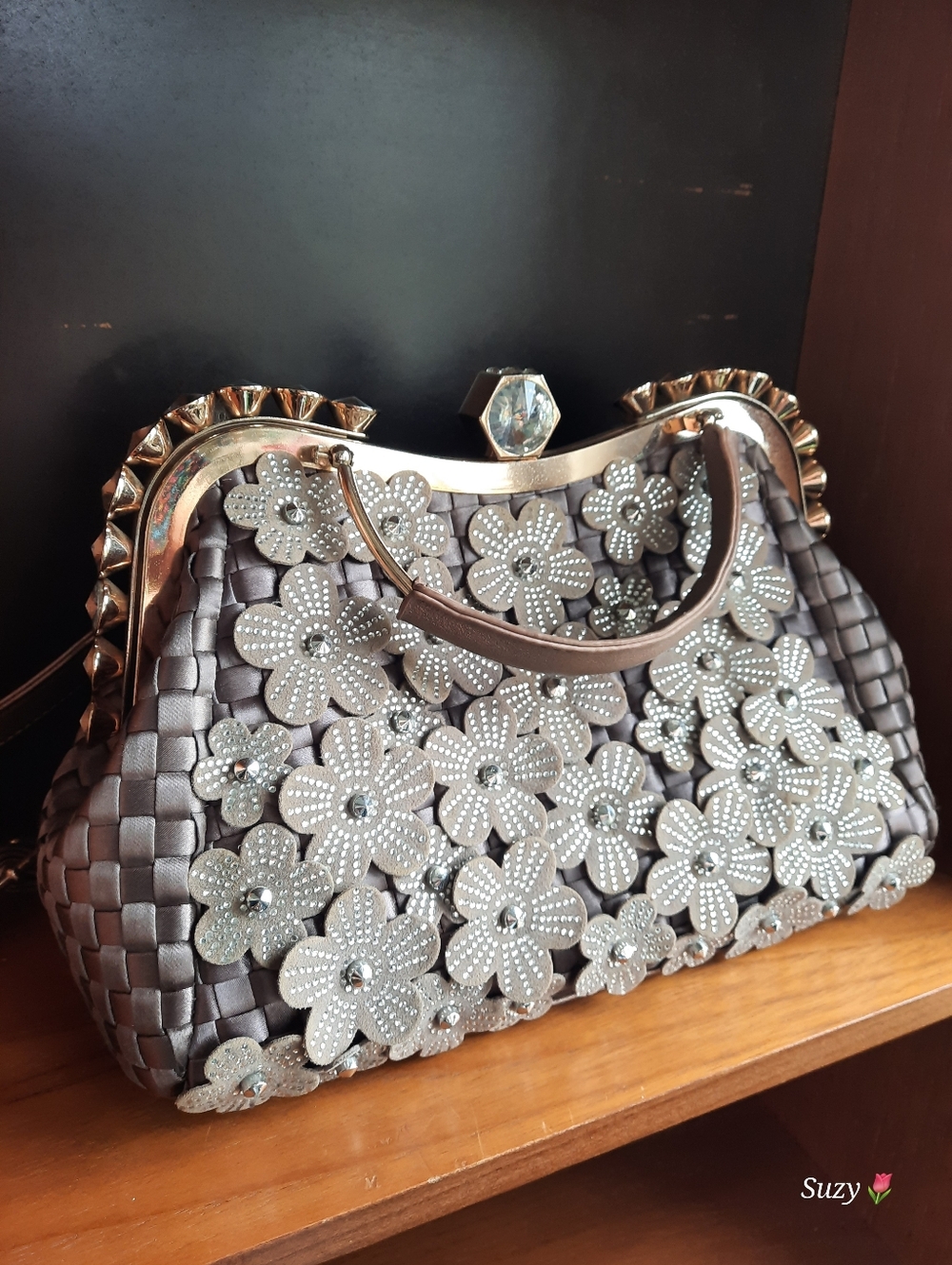 Taupe Satin Hand/Shoulder Bag, Gold Toned, Large Rhinestones, Flower Cutouts - Picture 6 of 6
